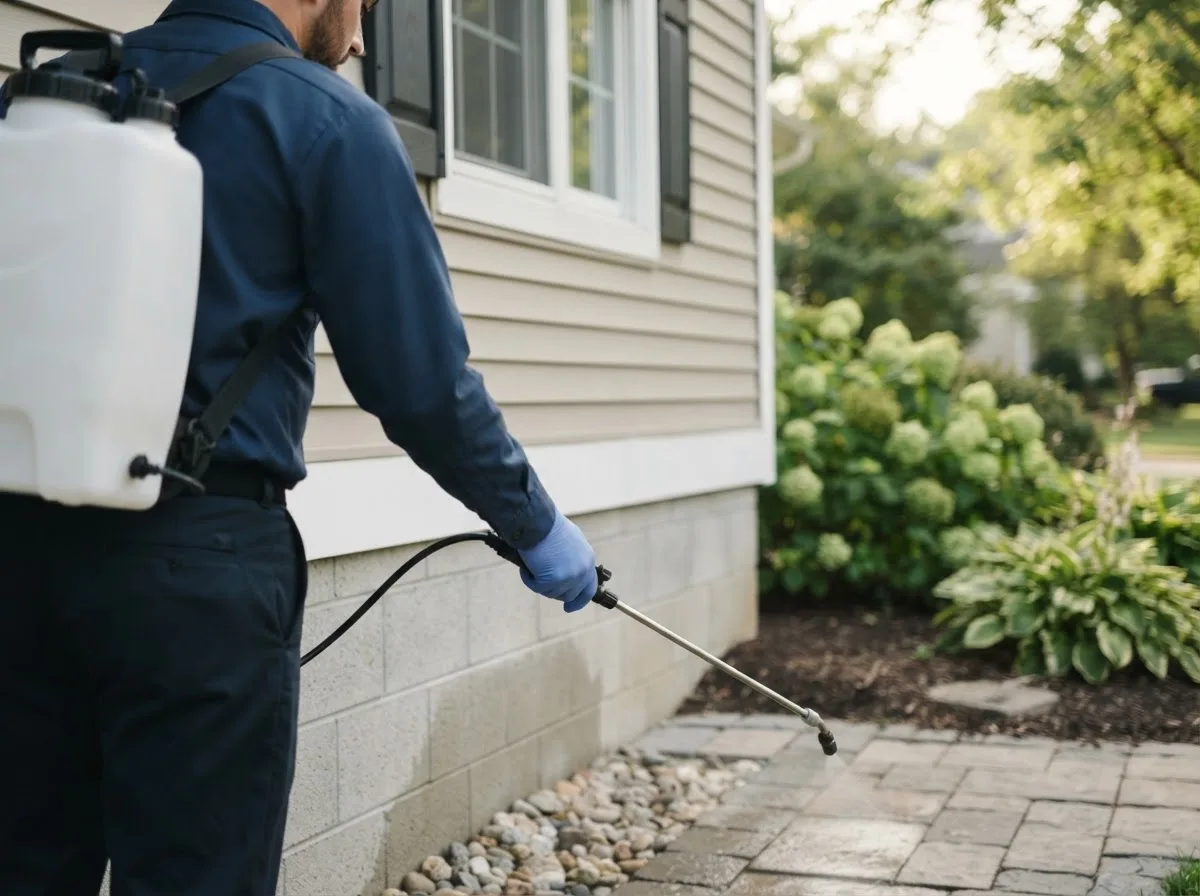Pest control technician inspecting a home in Linwood, NY